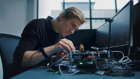 a man sitting at a table using a laptop computer